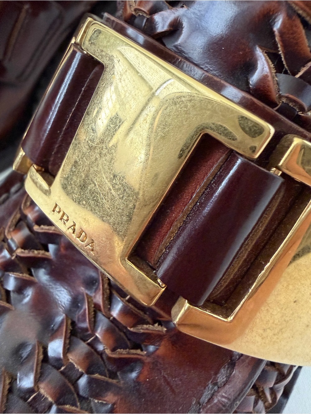 PRADA | Spring 2020 Runway Woven Leather
Block Heel Loafers Brown Gold Logo 40 - Picture 7 of 14